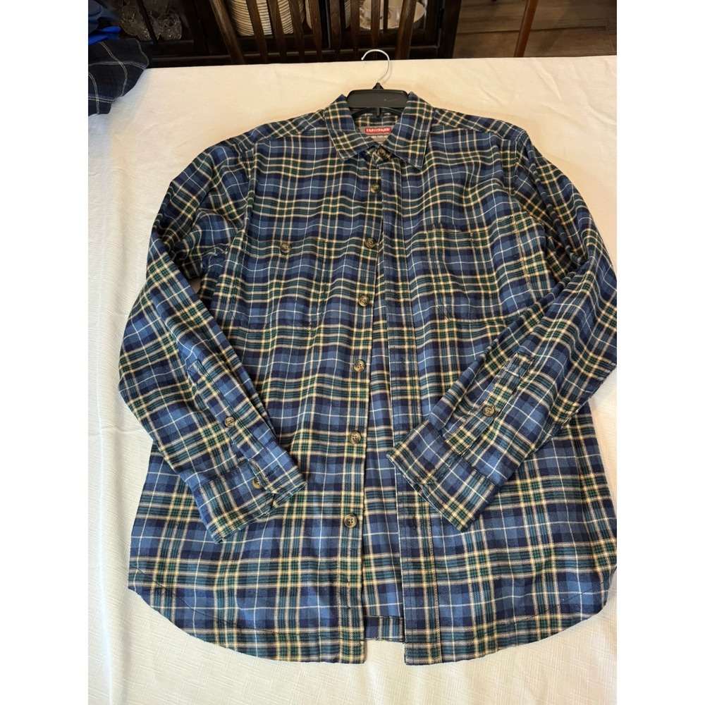 Craftsman Flannel Tech Shirt Mens Large Blue Green Plaid Long Sleeve Button Down